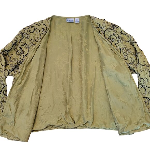 Chicos 3 Green Black Silk Embroidered Open‎ Front Jacket XL 16 Whimsy Artsy - Picture 5 of 5